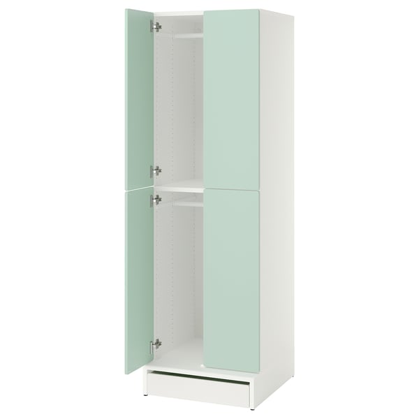 Kids white wardrobe with green glass doors and soft-close hinges.