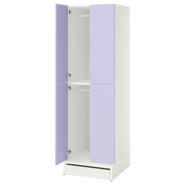 IKEA SMÅSTAD white wardrobe, purple doors, tall, modern design, soft-close hinges.