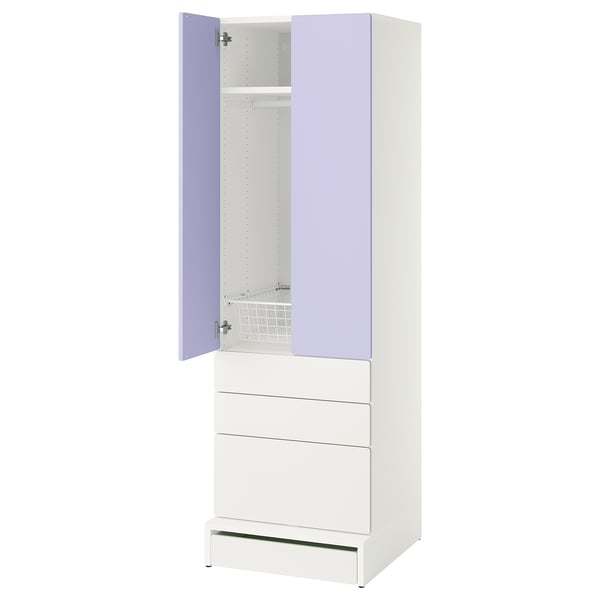 Displays a white and purple childrens wardrobe named SMÅSTAD. It drawers, adjustable shelves, and soft-closing doors.