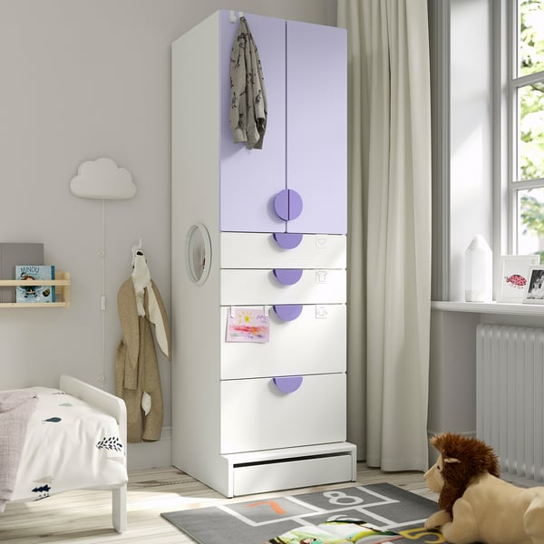 Kids room with SMÅSTAD wardrobe, mirror, small bed, toy and rug.