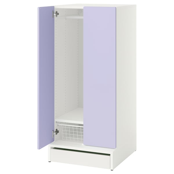 White SMÅSTAD kids wardrobe, purple doors, adjustable shelves, soft-closing hinges.