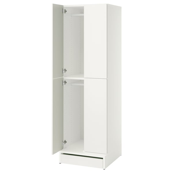 This image shows a white ikea SMÅSTAD wardrobe with open doors, revealing a spacious interior with adjustable shelves and a soft-close mechanism.