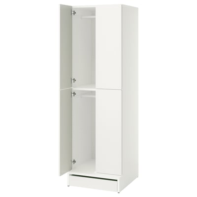 This image shows a white ikea SMÅSTAD wardrobe with open doors, revealing a spacious interior with adjustable shelves and a soft-close mechanism.