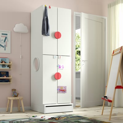 SMÅSTAD wardrobe in childs room - tall, mirrored, red handles, large storage.