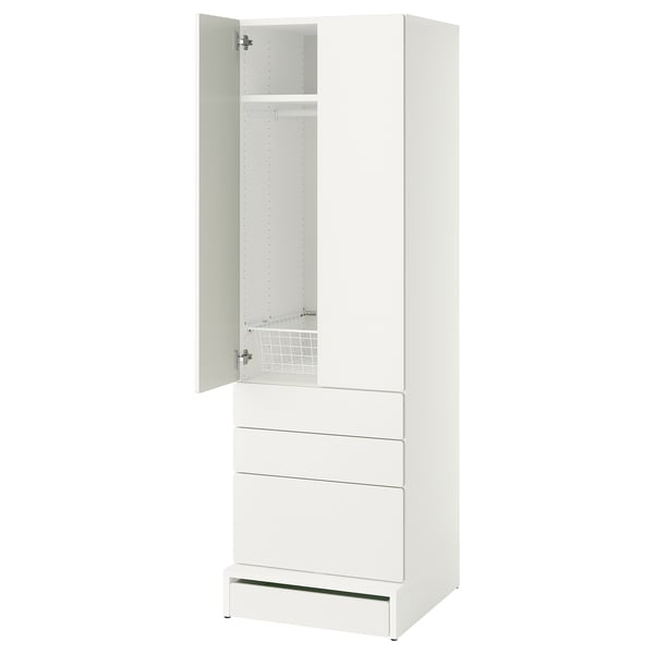 White SMÅSTAD wardrobe with shelves, drawers, soft-close doors.