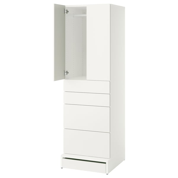 Displays a white SMÅSTAD wardrobe with multiple drawers and a door, designed for efficient storage.