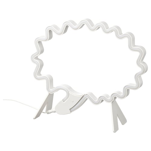 A white, speech bubble-shaped led lamp named SNÖDJUP, designed for children, with a nickel-plated spring and a plastic frame.