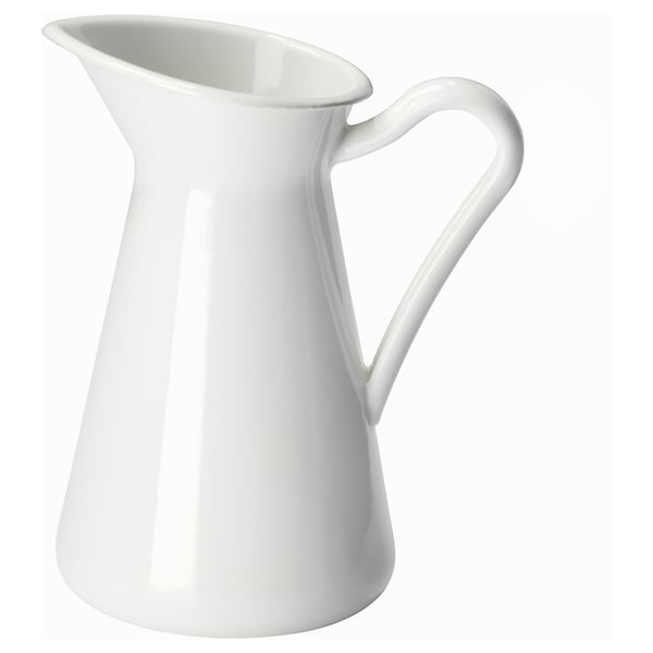 Depicts a white, ceramic SOCKERÄRT pitcher. It has a sleek, curved design with a single handle, suitable for pouring liquids.