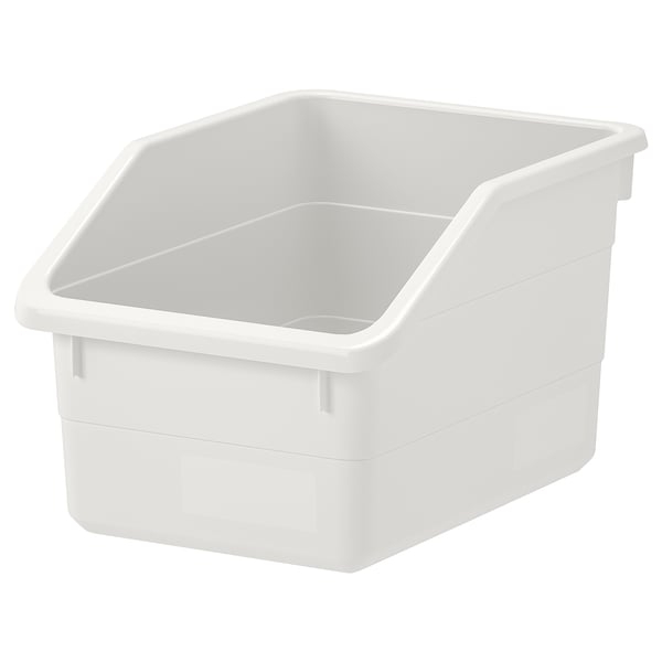 A white SOCKERBIT storage bin, rectangular, made of recycled plastic. It two label areas and a sturdy design for organising small items.
