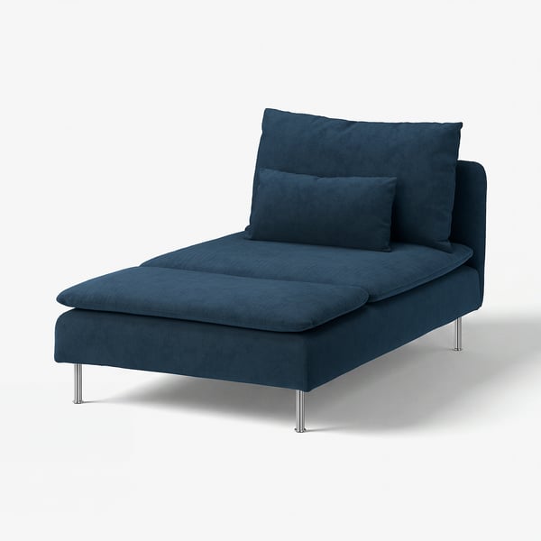 SÖDERHAMN chaise longue in blue fabric with slim lines and high legs.