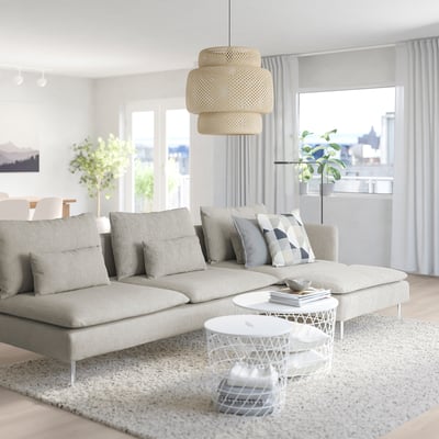 Modern living room with large grey SÖDERHAMN sofa, round white coffee table, and large window.