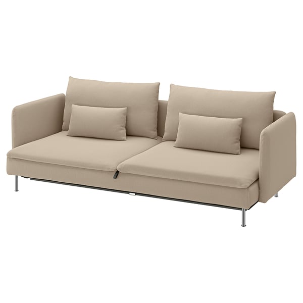 SÖDERHAMN beige sofa bed, modern minimalist design with deep cushions, adjustable back, and high legs.