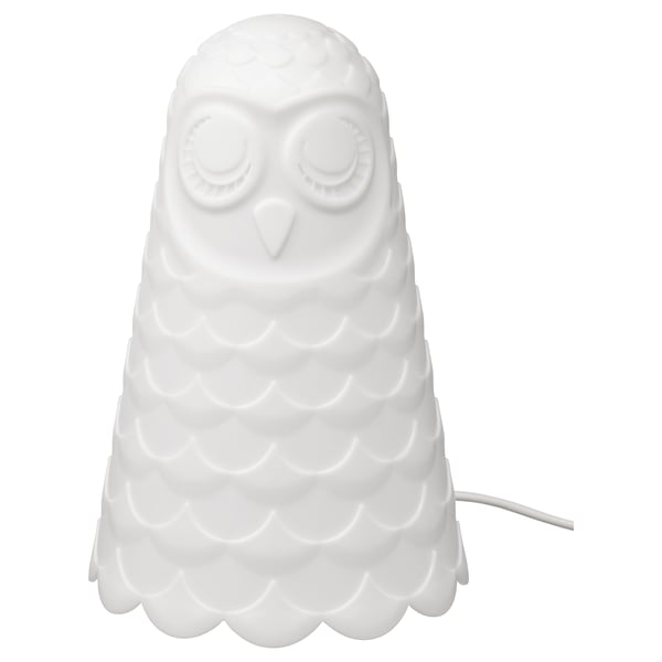 A white owl-shaped lamp named SOLBO, made of polycarbonate and polypropylene plastic, suitable for bedside tables, giving soft mood light.