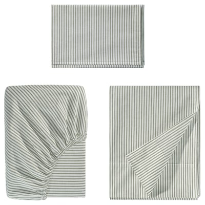 SOLFIBBLA bed linens in grey stripes, including a flat sheet, fitted sheet, and pillowcase, all made of cotton.