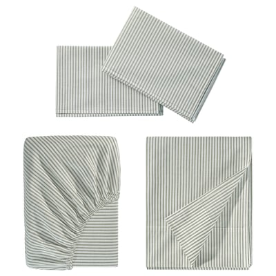 Three sets of striped SOLFIBBLA bed sheets in white and grey; rectangular, soft cotton material.