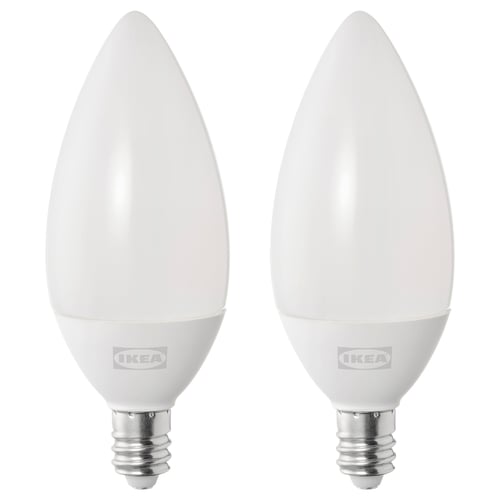 Two identical ikea led light bulbs, white, teardrop-shaped, with frosted covers and silver bases.
