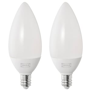 Two identical ikea led light bulbs, white, teardrop-shaped, with frosted covers and silver bases.