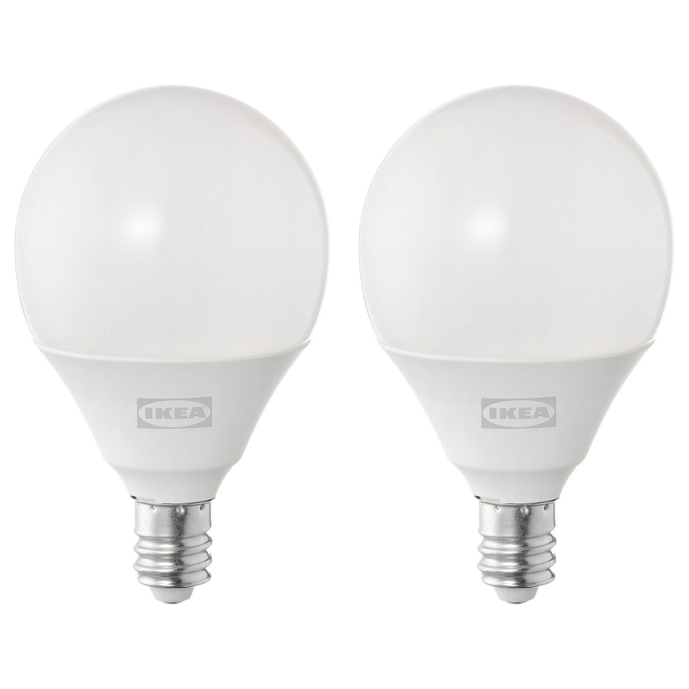 Two ikea SOLHETTA led bulbs, white, round, with metallic base, side by side.