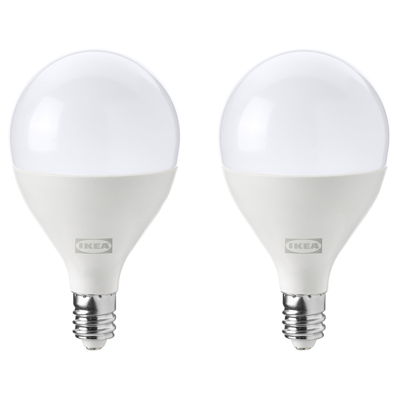 Two white, spherical ikea led light bulbs with e12 base, dimmable, energy-efficient.