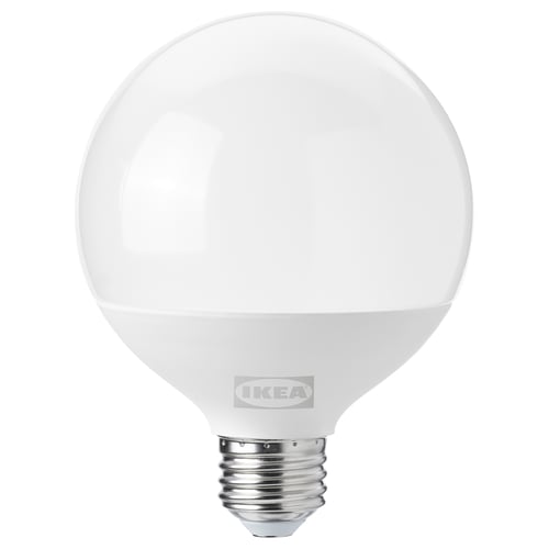Ikea SOLHETTA led light bulb, warm-white, spherical shape, durable plastic cover.