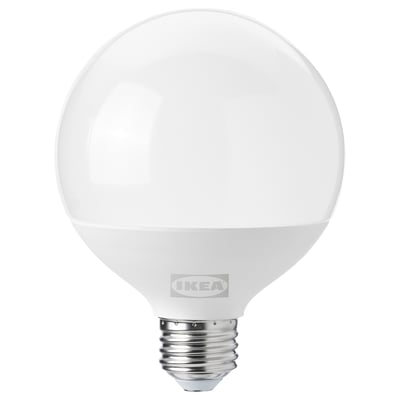 Ikea SOLHETTA led light bulb, warm-white, spherical shape, durable plastic cover.