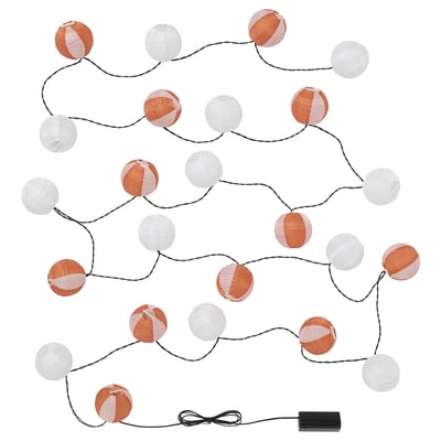 SOLVINDEN solar-powered string lights, featuring 10 white and 10 peach-colored lanterns, recycle polyester, ideal for outdoor decoration.