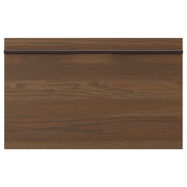 Dark brown wood panel with sleek handle.