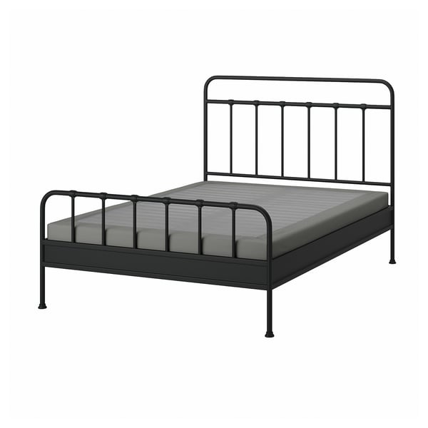 Black metal bed frame with mattress, grey cover.