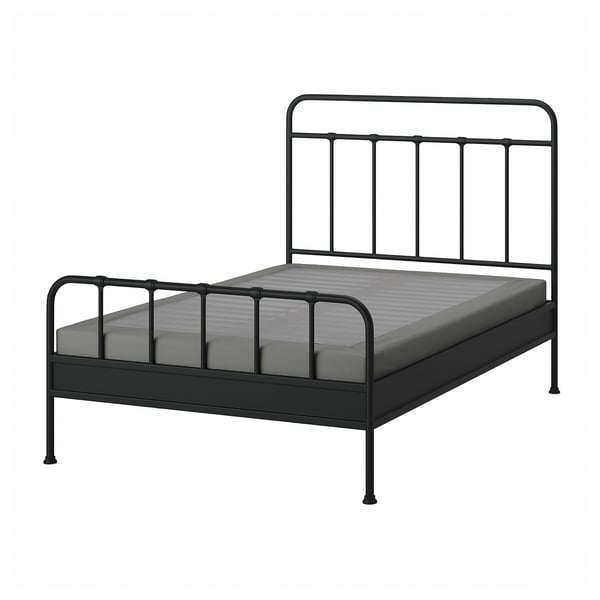 Black metal bed frame with grey mattress, simple design, side rails, sturdy construction.