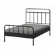 Black metal bed frame with grey mattress, simple design, side rails, sturdy construction.