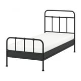 STJÄRNÖ bed: black metal, curved head-foot boards, minimalist design.