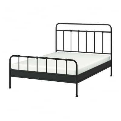A black metal bed frame, STJÄRNÖ, with curved headboard and footboard. It has a classic yet stylish design. The frame is strong and easy to clean.