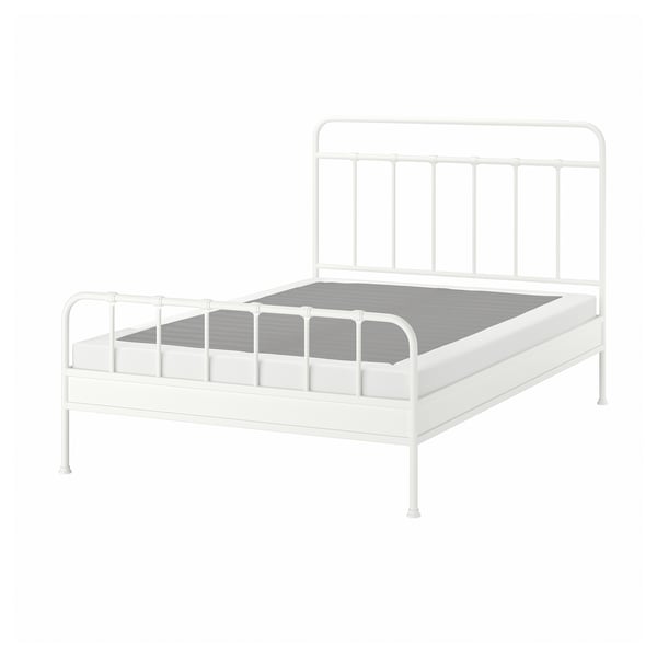 STJÄRNÖ white metal bed, classic design with curved headboard, sturdy frame.