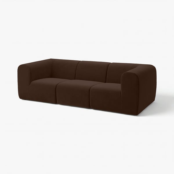 Dark brown, modern sofa with minimalist design, smooth fabric, and rounded edges.