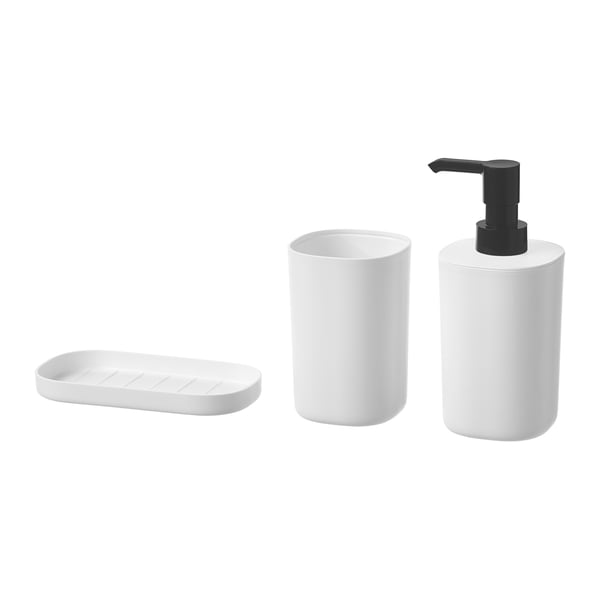 Three white bathroom accessories: soap dispenser, toothbrush cup, and tray. Modern, sleek design. Recycled materials.