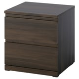 Brown wooden bedside table with 2 drawers, modern design.