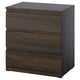 STORKLINTA chest in dark brown wood. Three drawers with smooth handles, modern, rectangular shape.