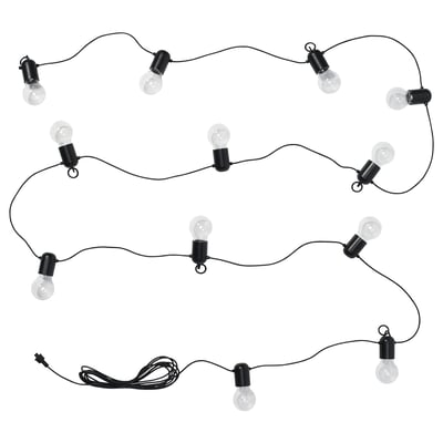 Black SVARTRÅ string lights with 10 round bulbs. Modern and sleek design, ideal for indoor/outdoor use.