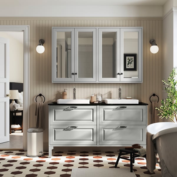 TÄNNFORSEN / ORRSJÖN Vanities, light gray/black marble effect, 61x21 1/2x35 3/8 "