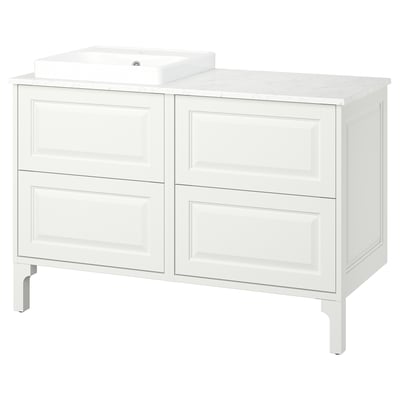 TÄNNFORSEN white bathroom vanity, marble counter, ceramic sink, classic design.