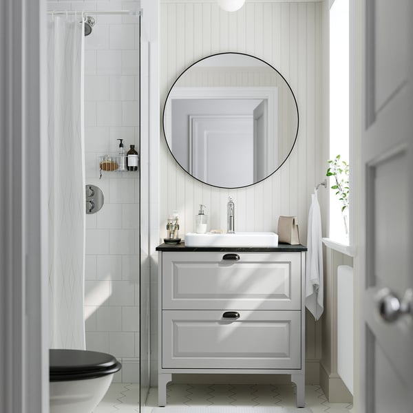 TÄNNFORSEN / ORRSJÖN Vanity with drawers, light gray/black marble effect, 31x21 1/2x35 3/8 "