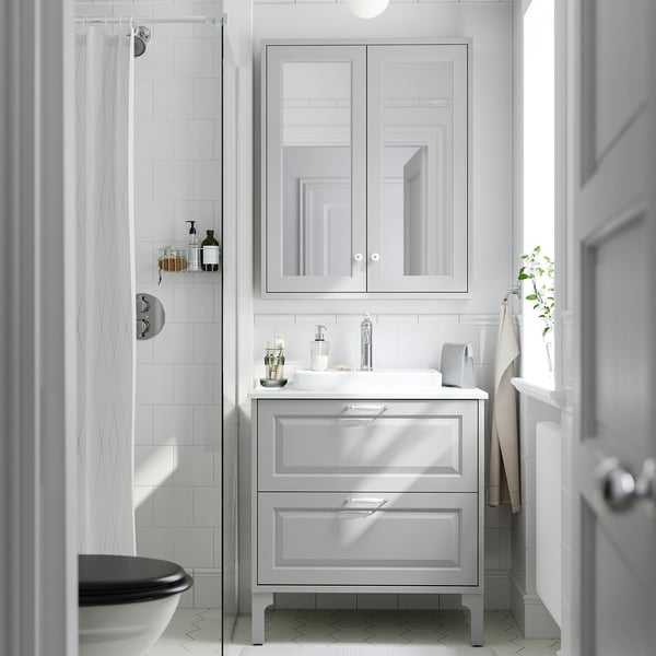 TÄNNFORSEN / ORRSJÖN Vanity with drawers, light gray/white marble effect, 31x21 1/2x35 3/8 "