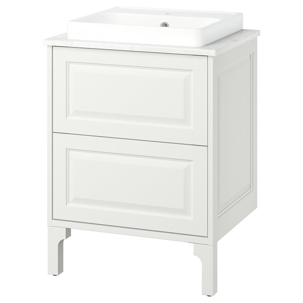 TÄNNFORSEN white vanity. Classic design, bevelled edges, marble counter, ceramic basin.