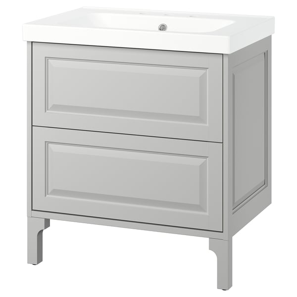 Modern light grey TÄNNFORSEN bathroom vanity, 2 drawers, fibreboard & particleboard, white ceramic top.