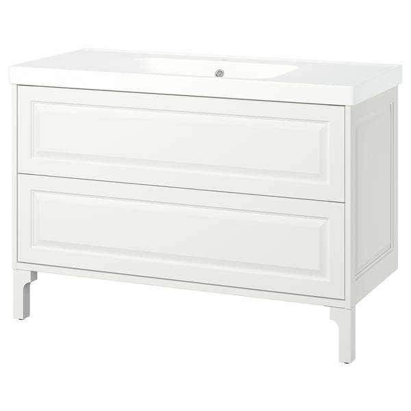 White TÄNNFORSEN bathroom vanity; two drawers, rectangular, classic design.