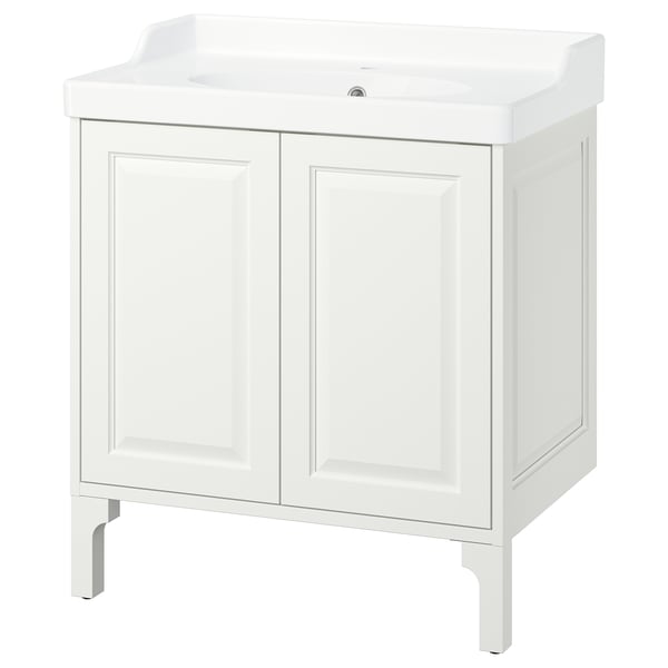 TÄNNFORSEN white bathroom vanity, classic design with bevelled edges and closed storage.