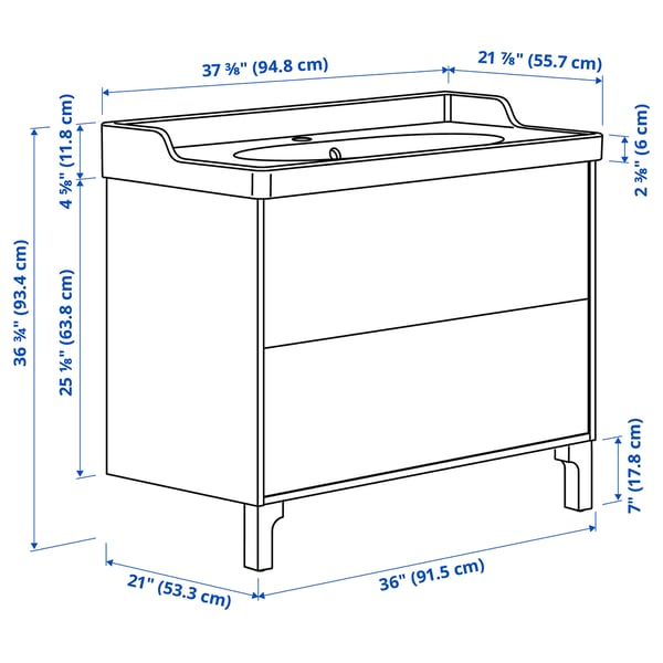 TÄNNFORSEN / RUTSJÖN Vanity with drawers, light gray, 37 3/8x21 7/8x36 3/4 "