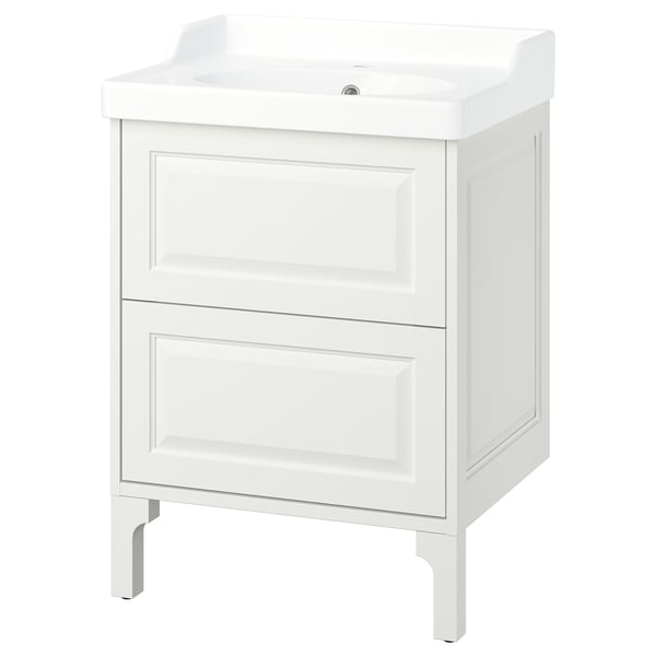 TÄNNFORSEN vanity in pure white with classic bevel details, two spacious drawers, and ceramic sink.