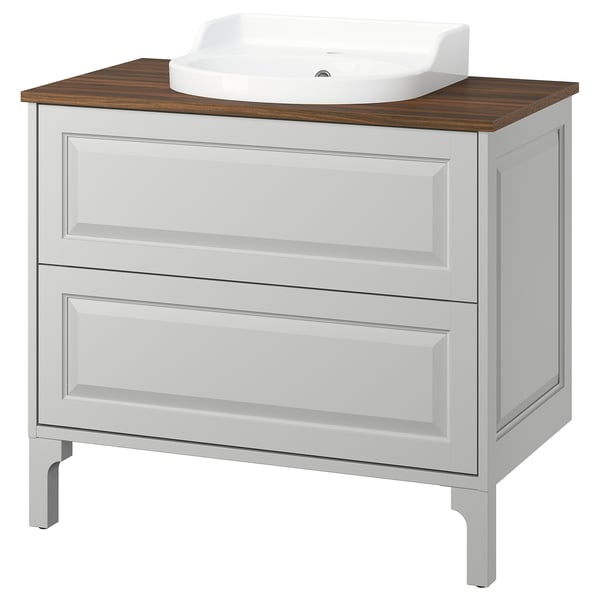 TÄNNFORSEN white vanity, wood top, 2 drawers, ceramic basin.