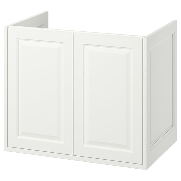White TÄNNFORSEN bathroom cabinet with classic bevelled panel design.